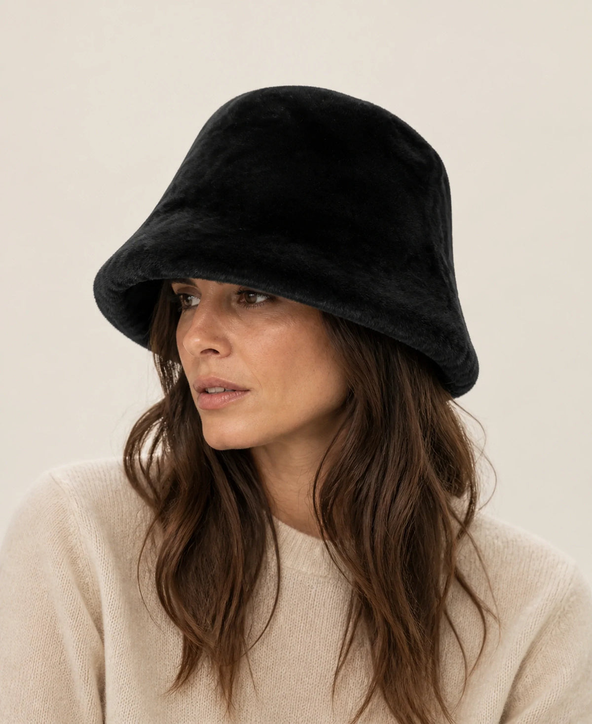 Women's Plush Rex Rabbit Fur Short-Brim Bucket Hat – Color: Black on-model lifestyle image