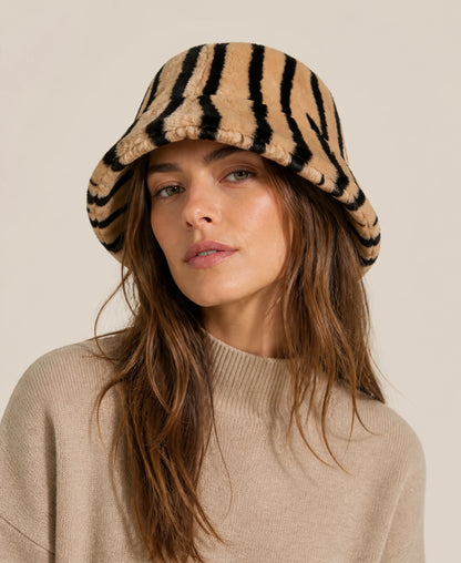 Women's Plush Rex Rabbit Fur Short-Brim Bucket Hat – Color: Camel Zebra on-model lifestyle image