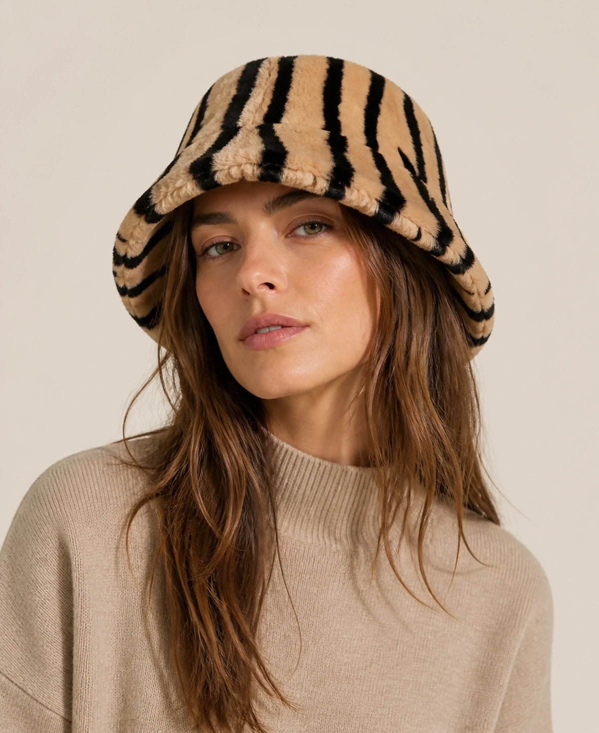 Women's Plush Rex Rabbit Fur Short-Brim Bucket Hat – Color: Camel Zebra on-model lifestyle image