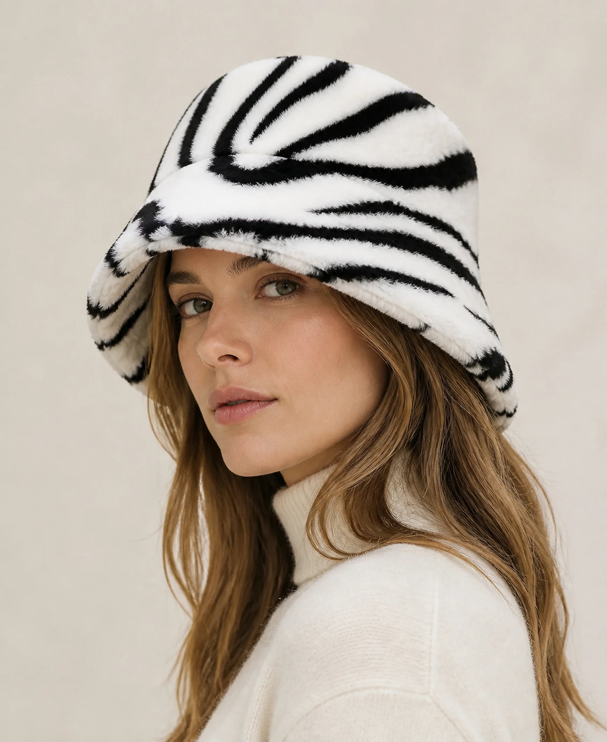 Women's Plush Rex Rabbit Fur Short-Brim Bucket Hat – Color: Horizontal Zebra on-model lifestyle image