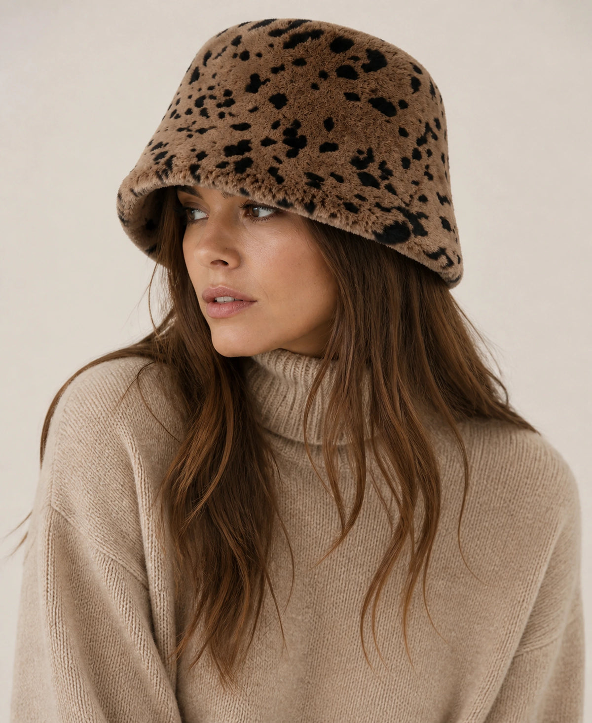 Women's Plush Rex Rabbit Fur Short-Brim Bucket Hat – Color: Leopard on-model lifestyle image