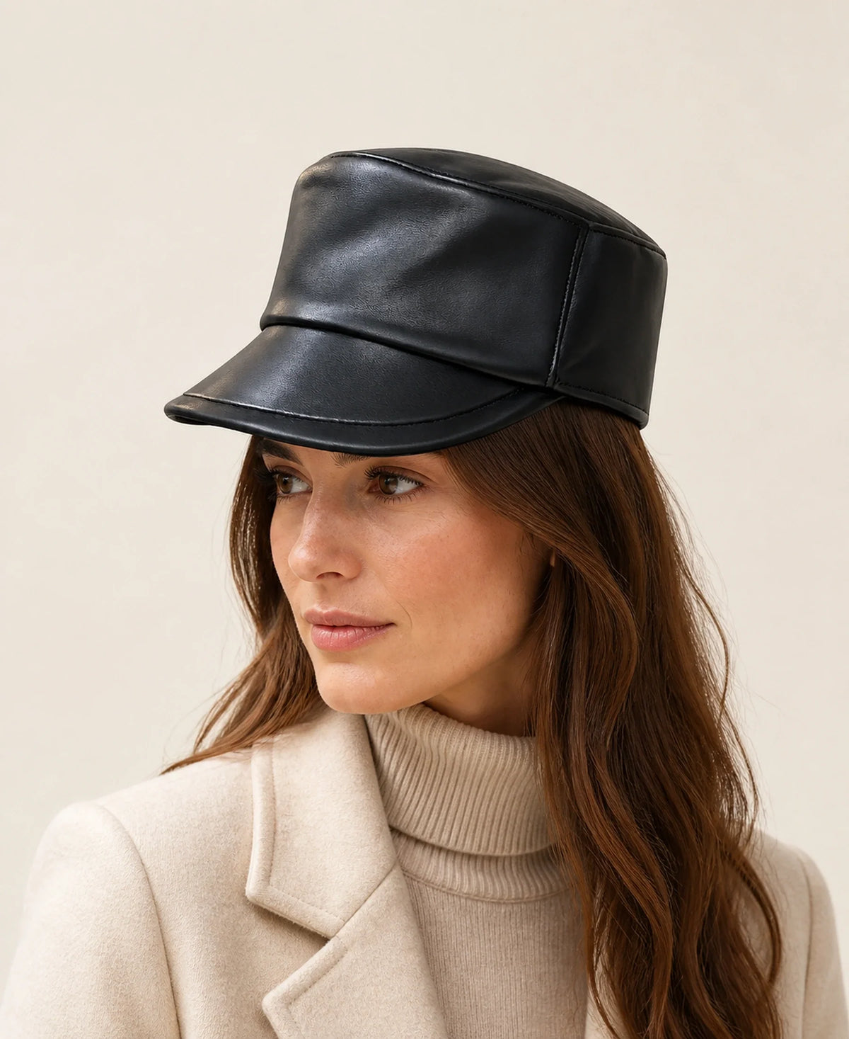 Women's Lambskin Leather Equestrian Riding Cap – Color: Black on-model lifestyle image