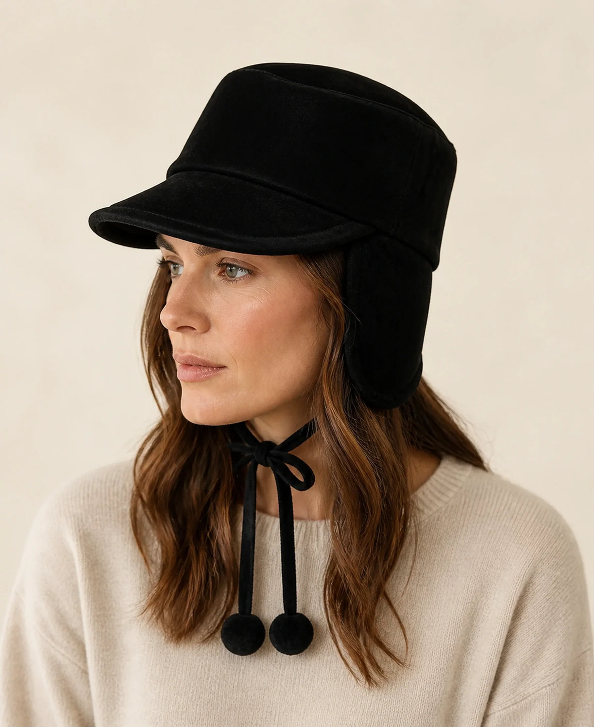 Women's Lambskin Leather Equestrian Riding Cap – Color: Black Suede on-model lifestyle image