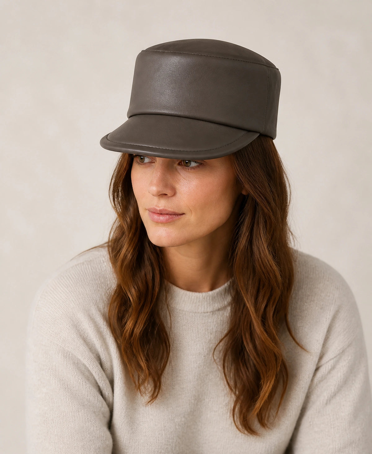 Women's Lambskin Leather Equestrian Riding Cap – Color: Brown on-model lifestyle image