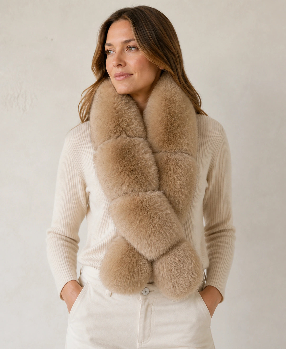 Women's Blue Fox Fur Scarf in Long and Short Lengths – Color and Length: Golden Brown - Long on-model lifestyle image