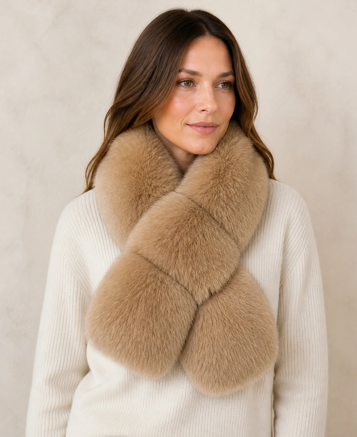 Women's Blue Fox Fur Scarf in Long and Short Lengths – Color and Length: Golden Brown - Short on-model lifestyle image
