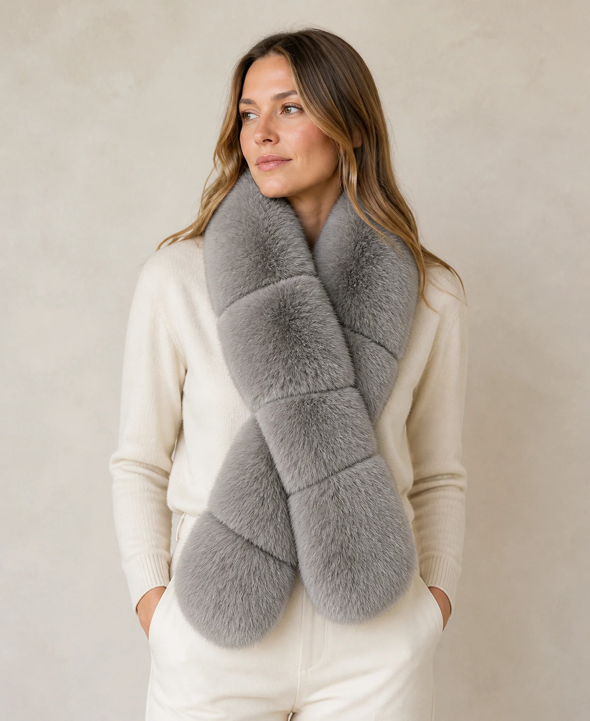 Women's Blue Fox Fur Scarf in Long and Short Lengths – Color and Length: Gray Taupe - Long on-model lifestyle image