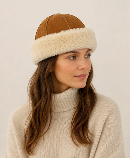 Women's Wool Shearling Round Crown Winter Hat – Default on-model lifestyle image