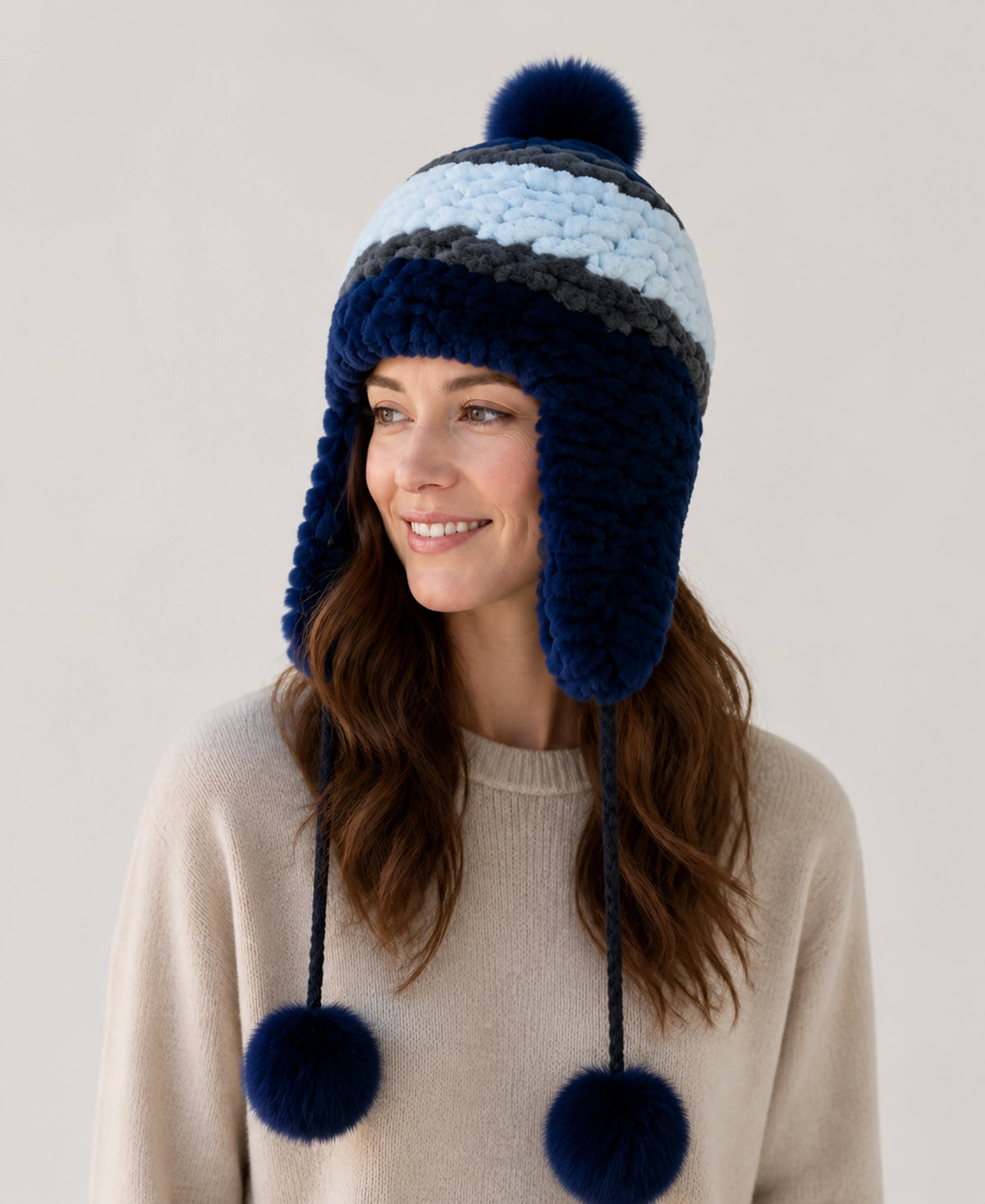 Women's Rex Rabbit Fur Earflap Hat with Fox Pom-Poms – Default on-model lifestyle image
