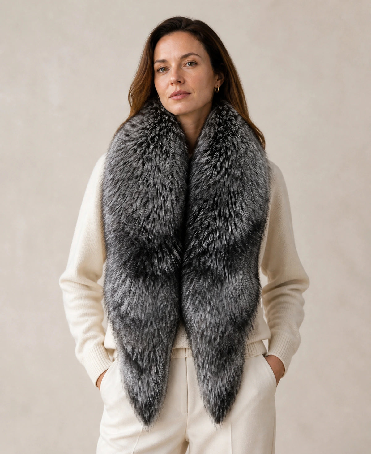 Finnish Silver Fox Fur Scarf in Natural Color – Color: Natural Silver Fox on-model lifestyle image