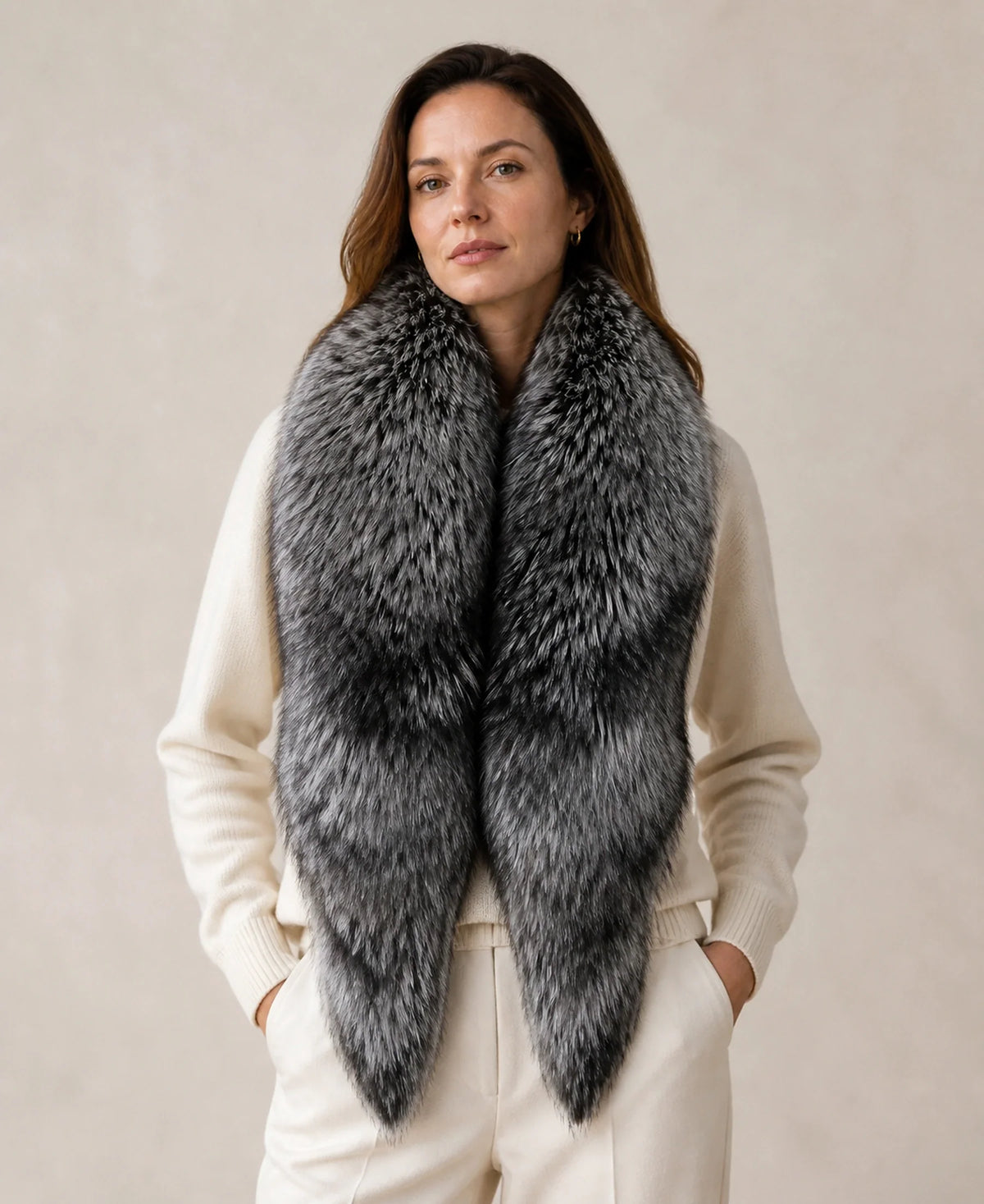 Finnish Silver Fox Fur Scarf in Natural Color – Color: Natural Silver Fox on-model lifestyle image