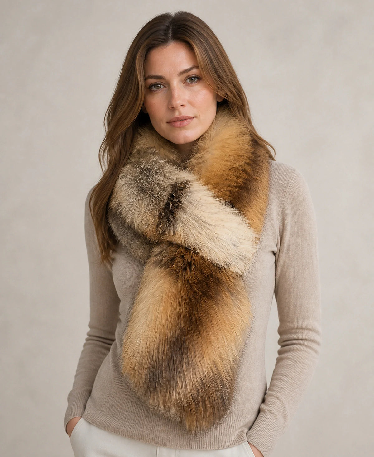 Women's Double-Sided Fox Fur Scarf with Raw-Edge Finish – Color: Natural Red Fox on-model lifestyle image