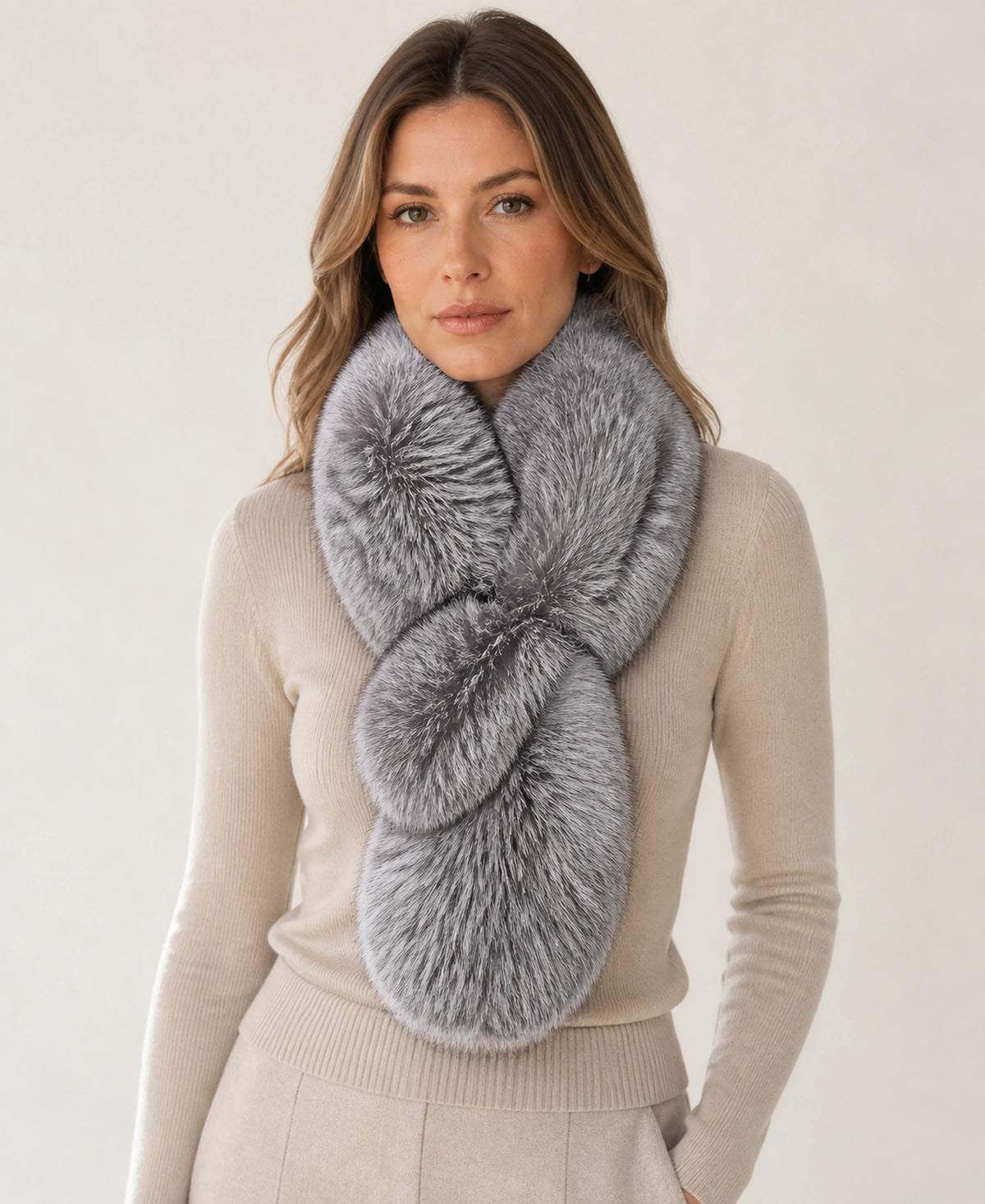 Women's Double-Sided Fox Fur Scarf with Raw-Edge Finish – Color: Natural Silver Fox on-model lifestyle image