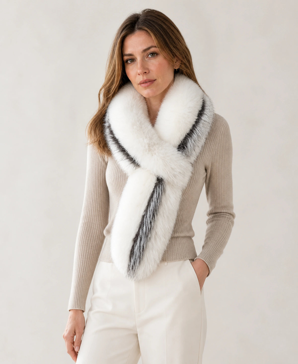 Women's Double-Sided Fox Fur Scarf with Raw-Edge Finish – Color: White with Silver Fox Trim on-model lifestyle image