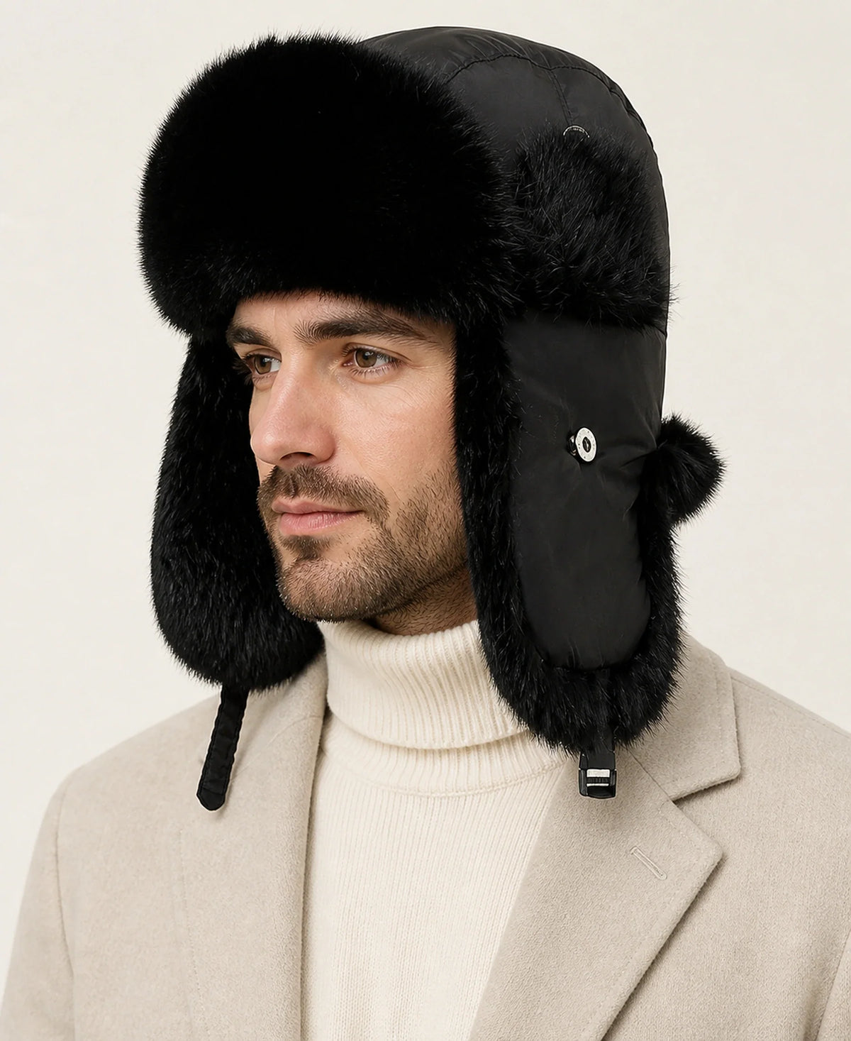 Rabbit Fur Trim Unisex Quilted Winter Trapper Hat – Color: Black / Black Fur on-model lifestyle image