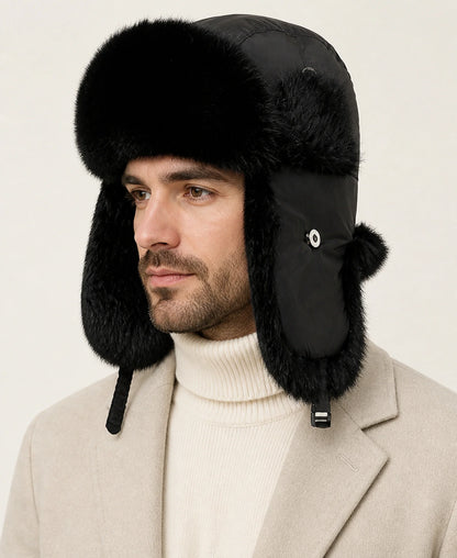 Rabbit Fur Trim Unisex Quilted Winter Trapper Hat – Color: Black / Black Fur on-model lifestyle image