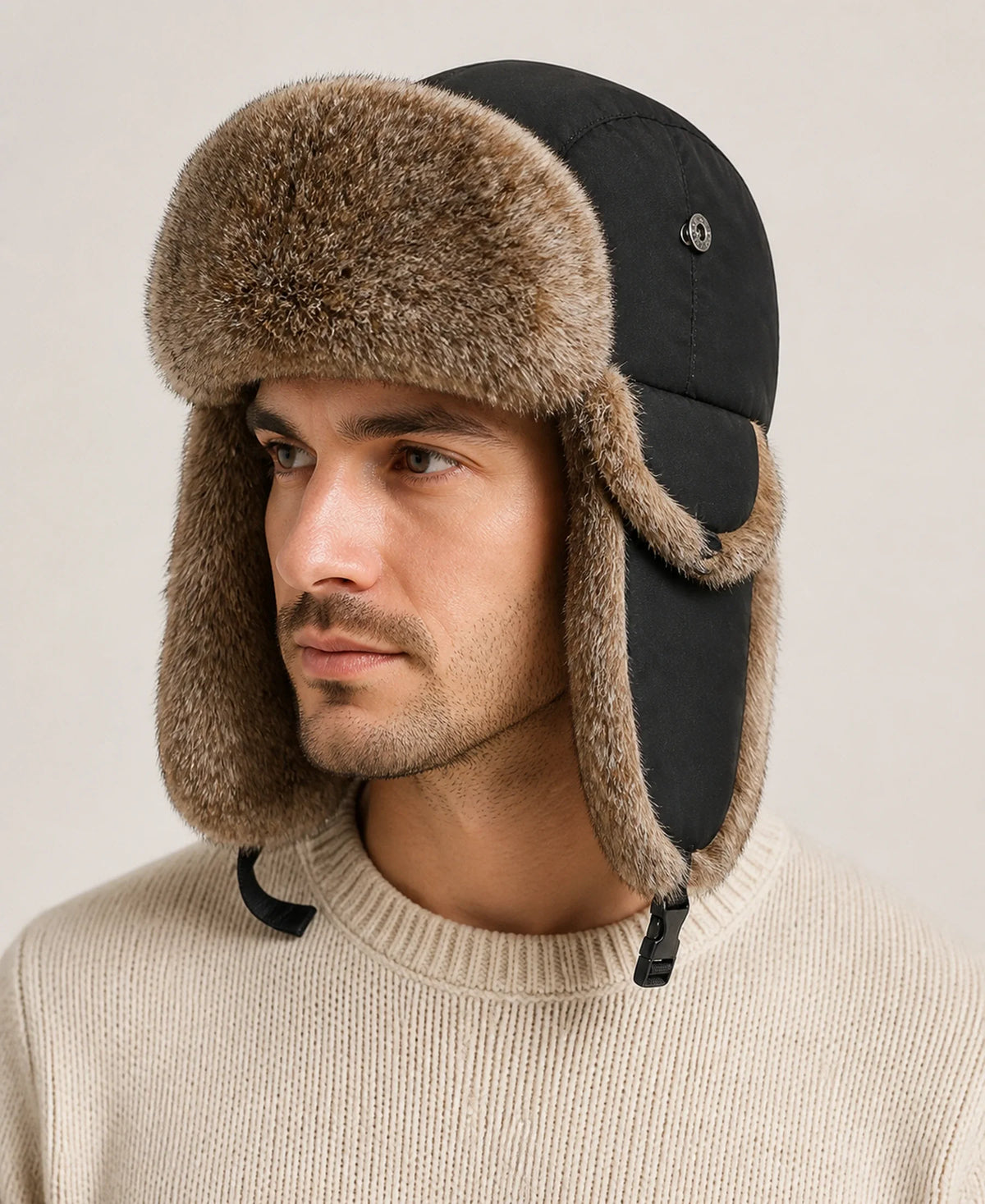 Rabbit Fur Trim Unisex Quilted Winter Trapper Hat – Color: Black / Brown Fur on-model lifestyle image