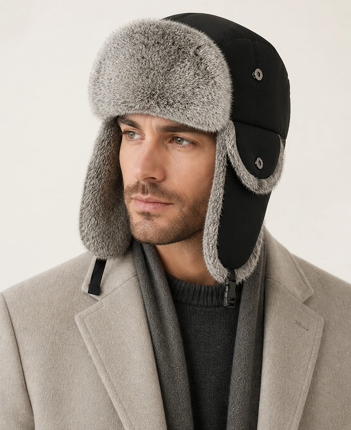 Rabbit Fur Trim Unisex Quilted Winter Trapper Hat – Color: Black / Gray Fur on-model lifestyle image