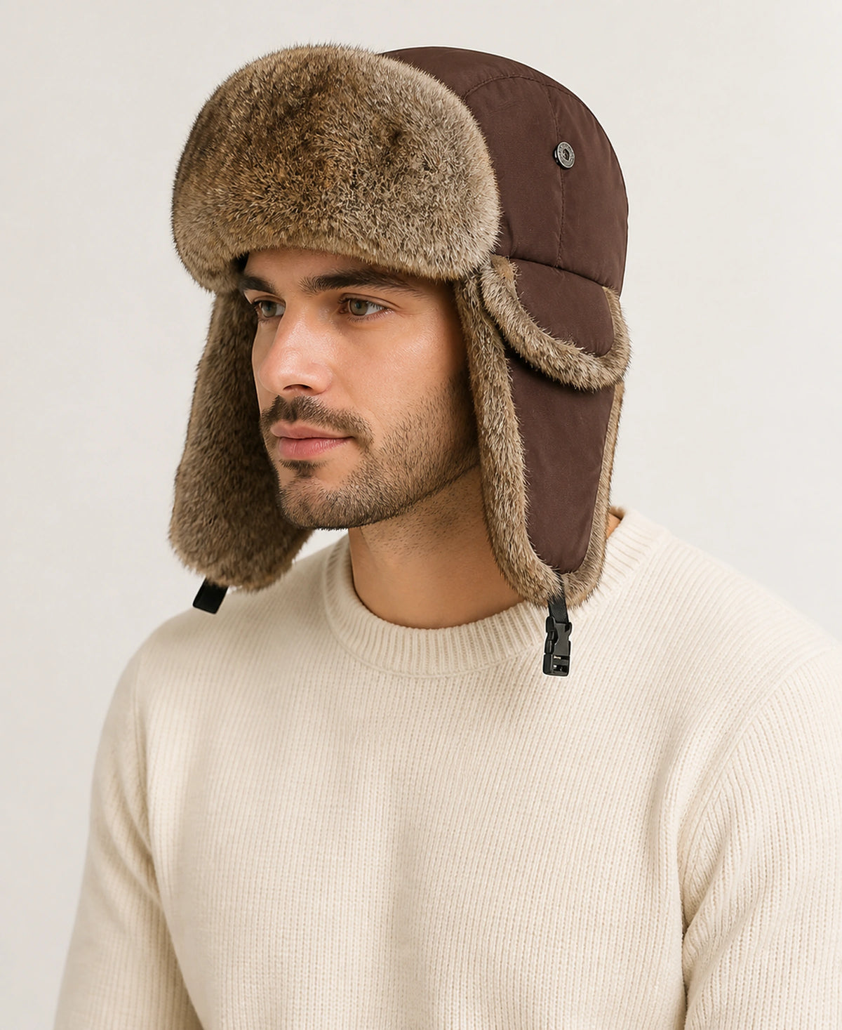 Rabbit Fur Trim Unisex Quilted Winter Trapper Hat – Color: Brown on-model lifestyle image