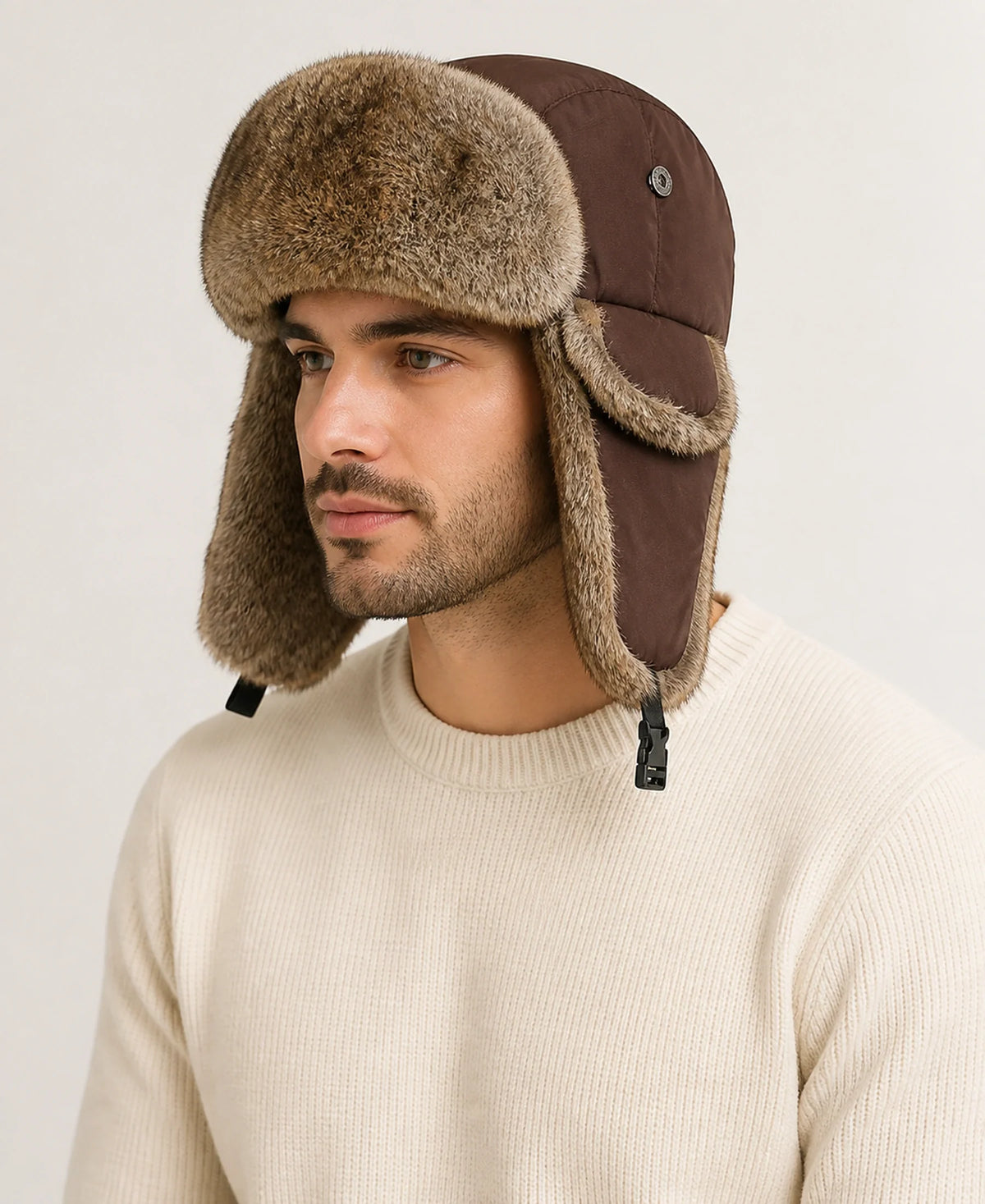 Rabbit Fur Trim Unisex Quilted Winter Trapper Hat – Color: Brown on-model lifestyle image