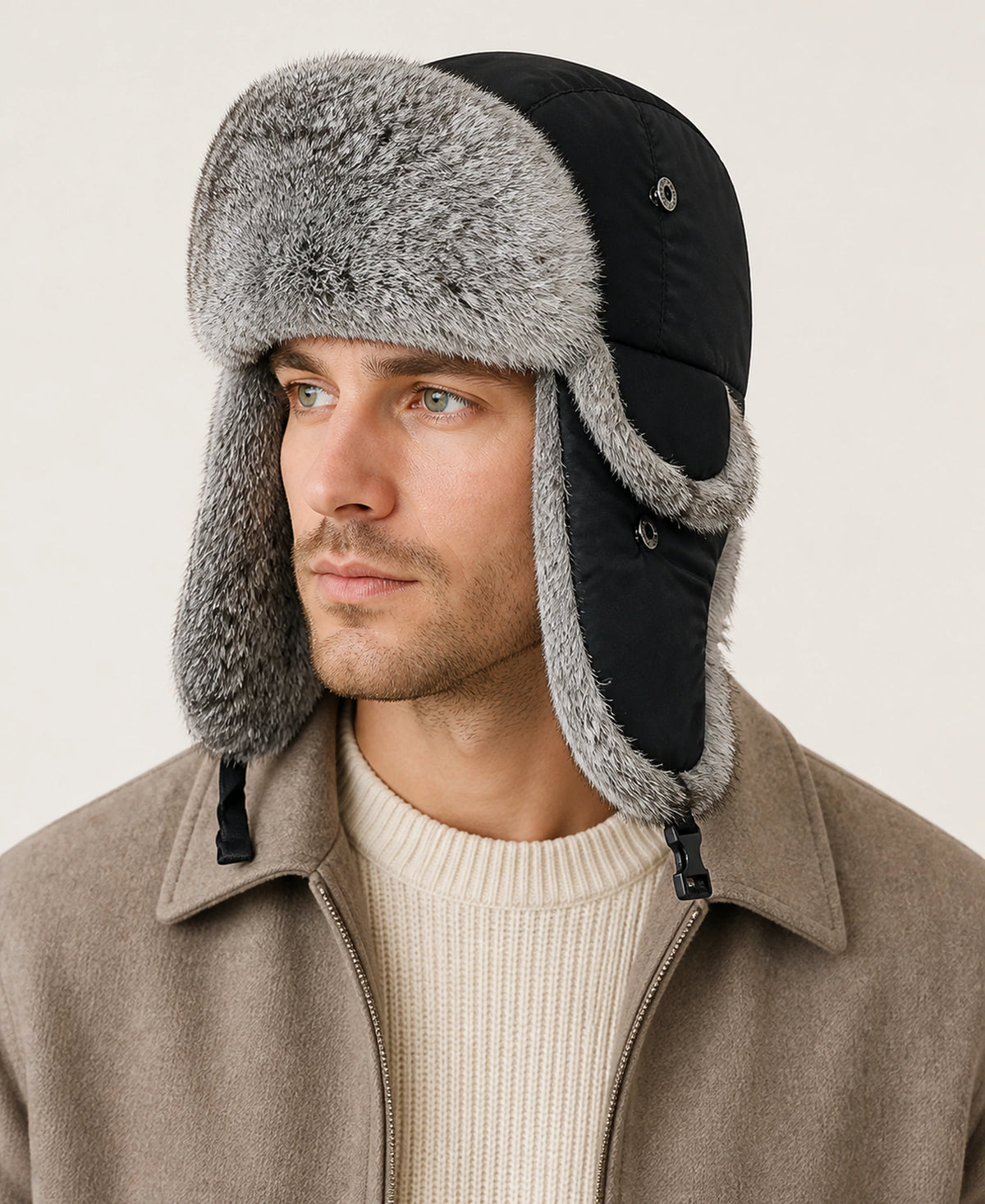 Rabbit Fur Trim Unisex Quilted Winter Trapper Hat – Color: Denim Black on-model lifestyle image