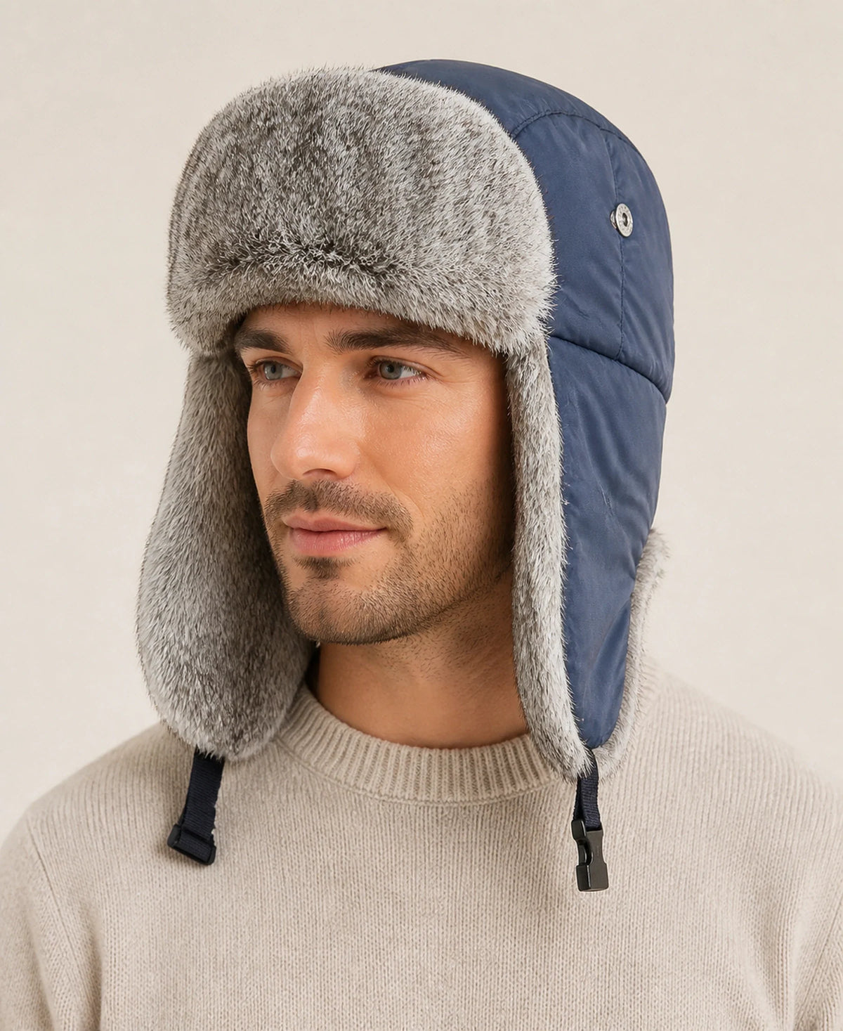 Rabbit Fur Trim Unisex Quilted Winter Trapper Hat – Color: Denim Blue on-model lifestyle image