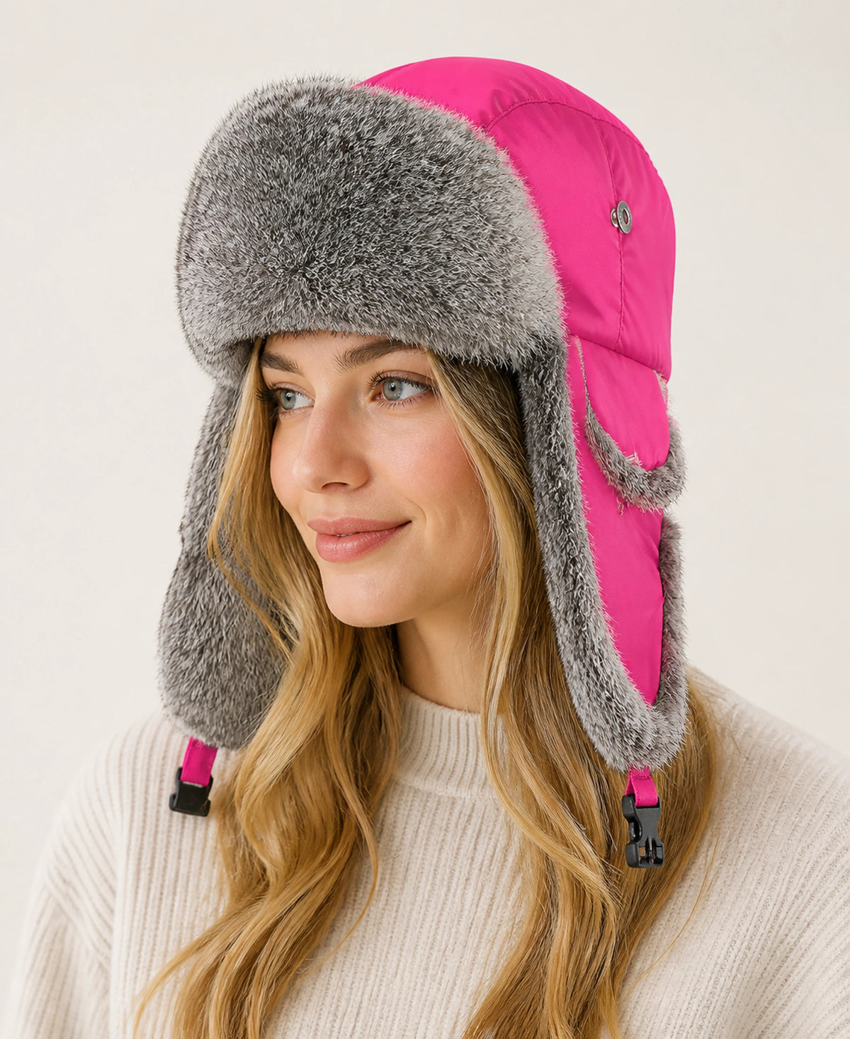 Rabbit Fur Trim Unisex Quilted Winter Trapper Hat – Color: Fuchsia on-model lifestyle image