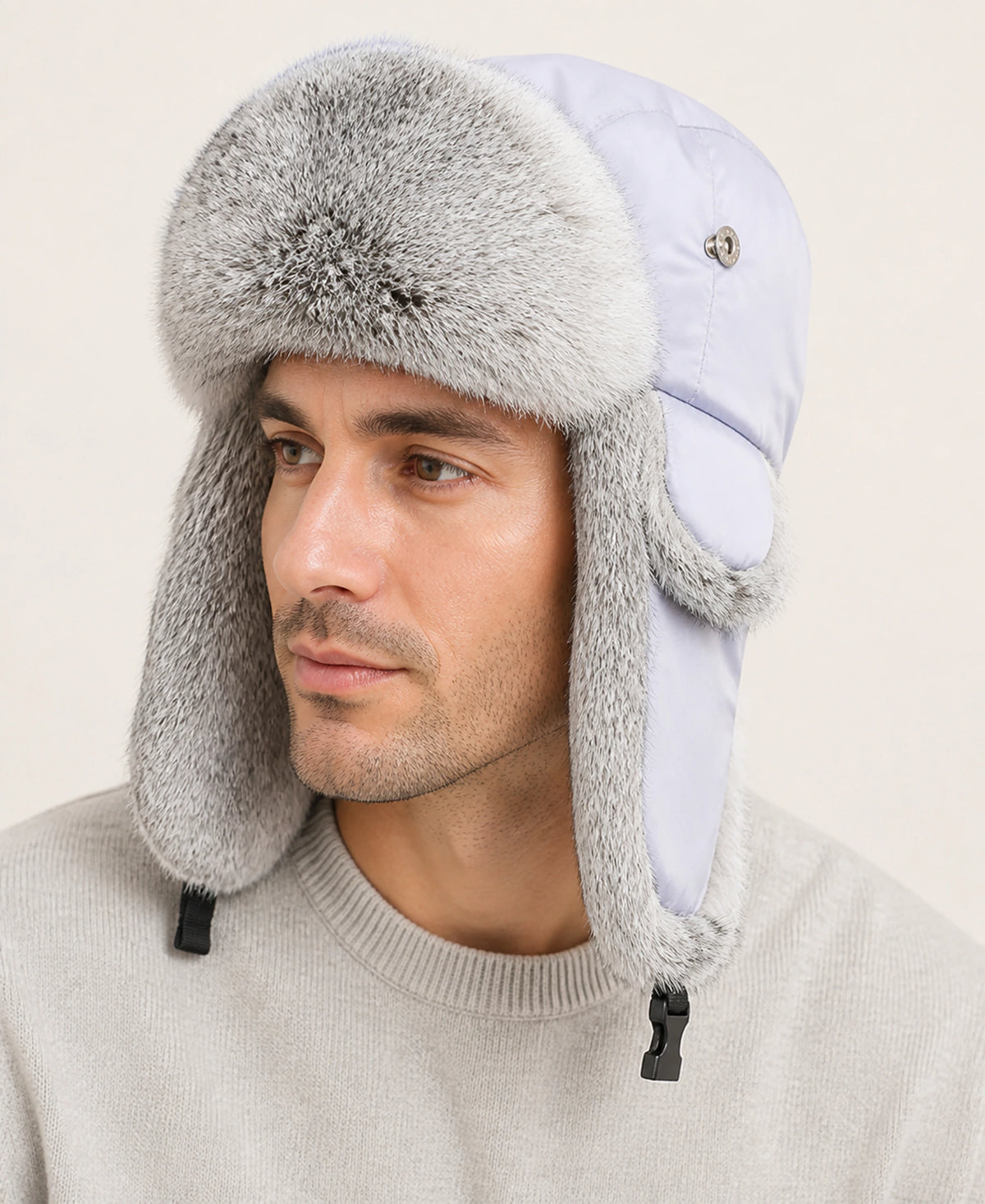Rabbit Fur Trim Unisex Quilted Winter Trapper Hat – Color: Light Gray on-model lifestyle image