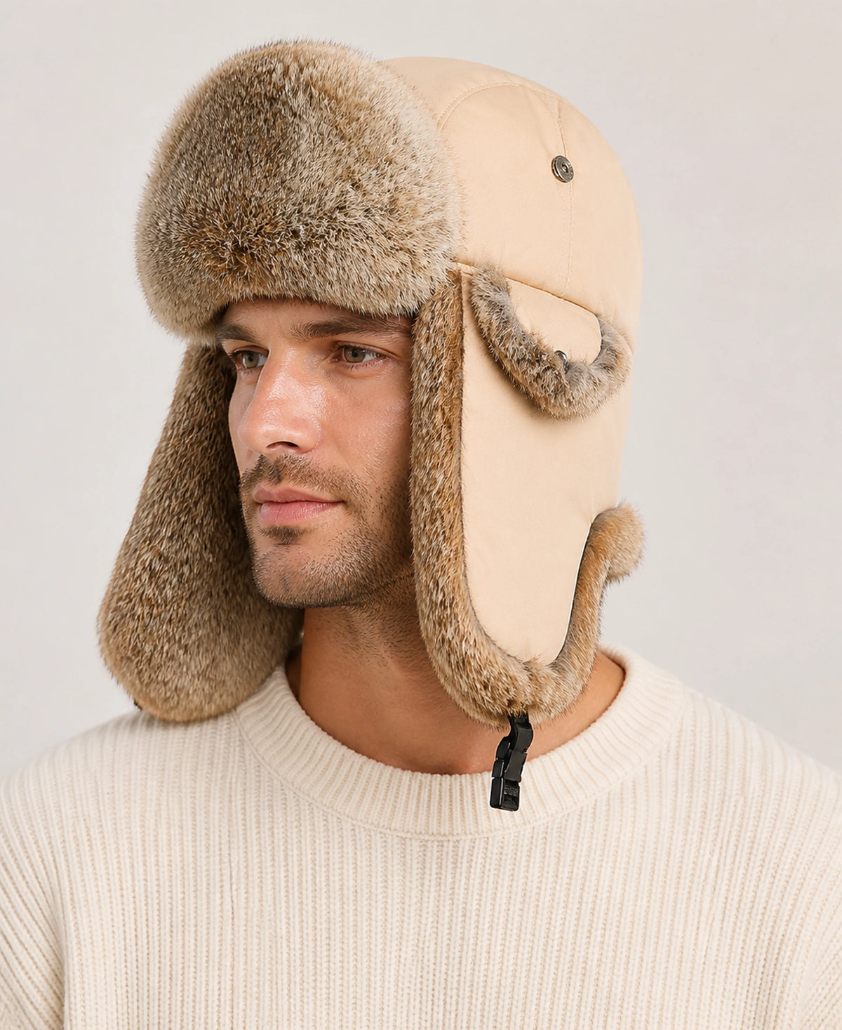 Rabbit Fur Trim Unisex Quilted Winter Trapper Hat – Color: Light Khaki on-model lifestyle image