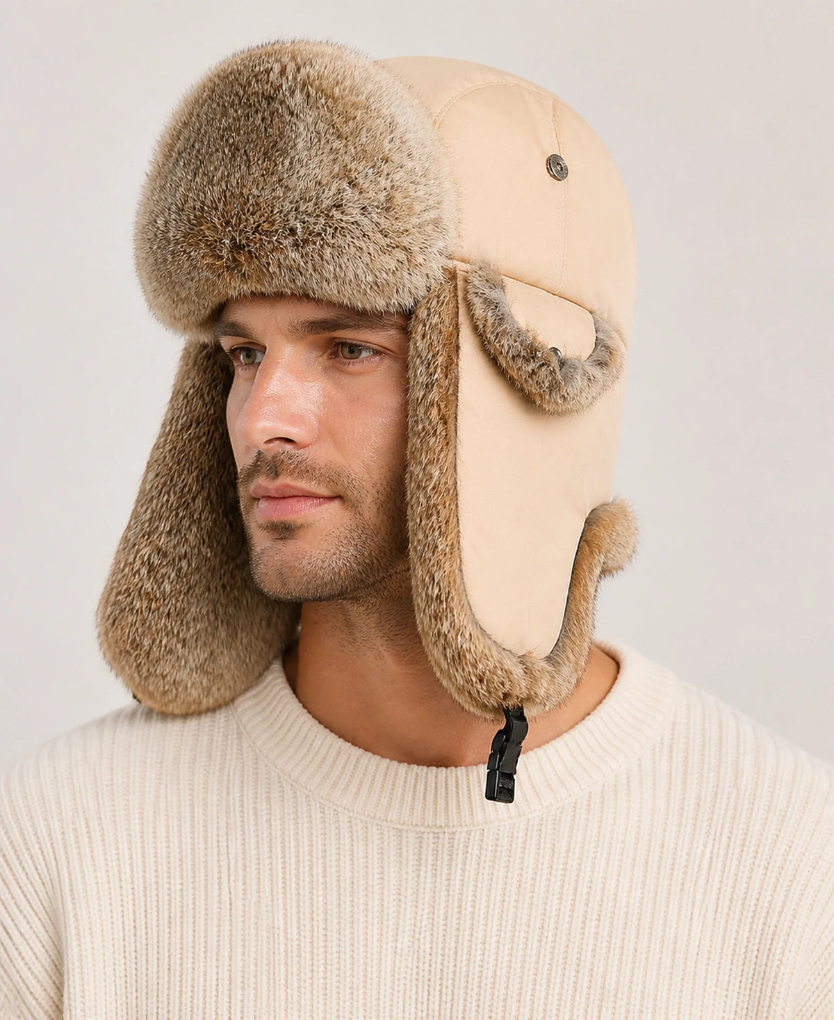 Rabbit Fur Trim Unisex Quilted Winter Trapper Hat – Color: Light Khaki on-model lifestyle image