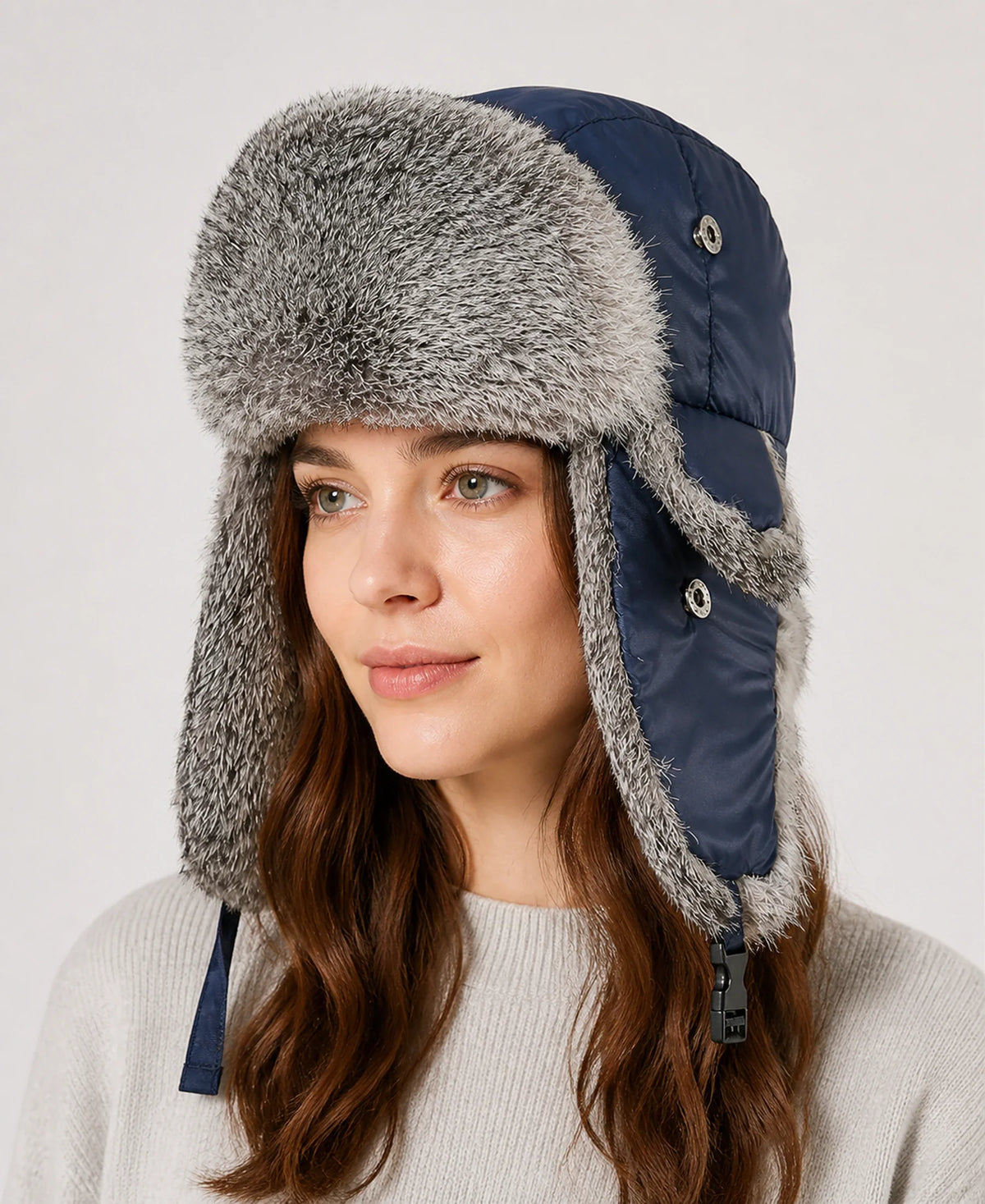 Rabbit Fur Trim Unisex Quilted Winter Trapper Hat – Color: Navy on-model lifestyle image