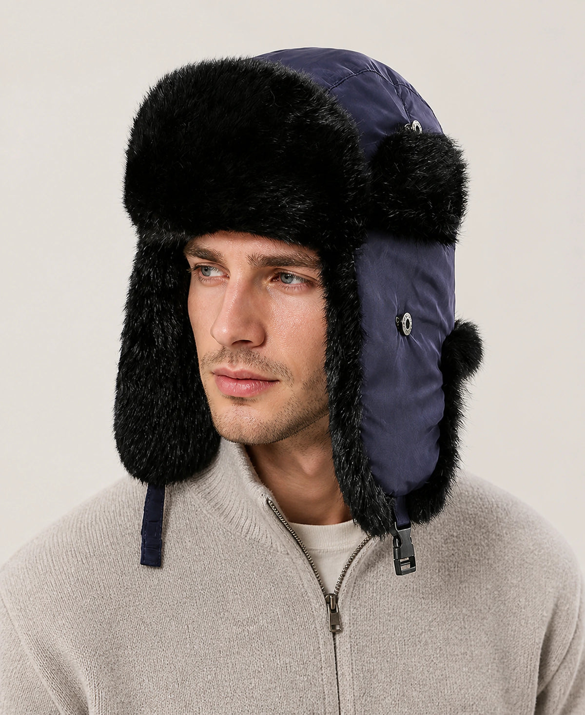 Rabbit Fur Trim Unisex Quilted Winter Trapper Hat – Color: Navy / Black Fur on-model lifestyle image