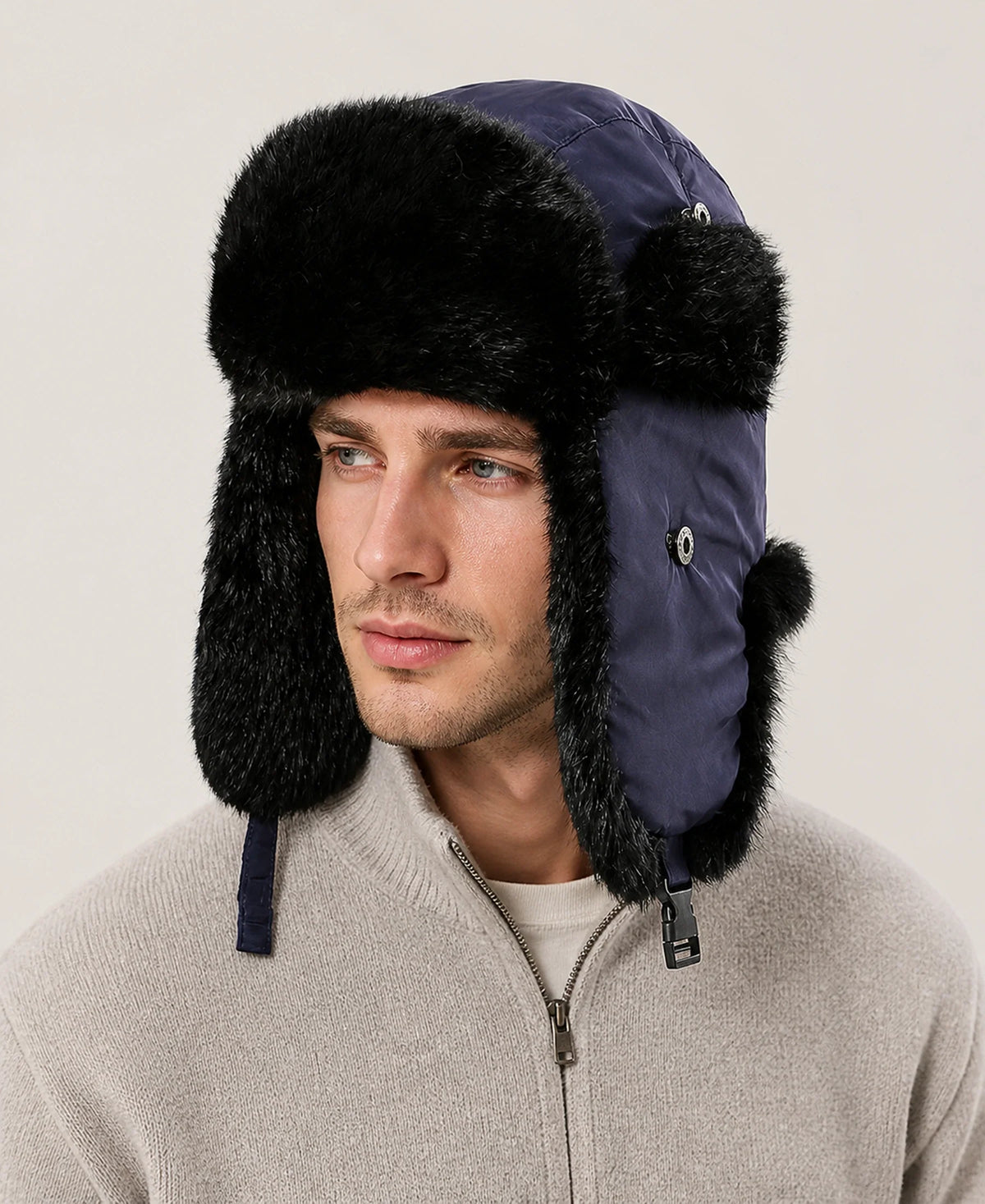 Rabbit Fur Trim Unisex Quilted Winter Trapper Hat – Color: Navy / Black Fur on-model lifestyle image