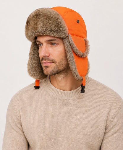 Rabbit Fur Trim Unisex Quilted Winter Trapper Hat – Color: Orange on-model lifestyle image