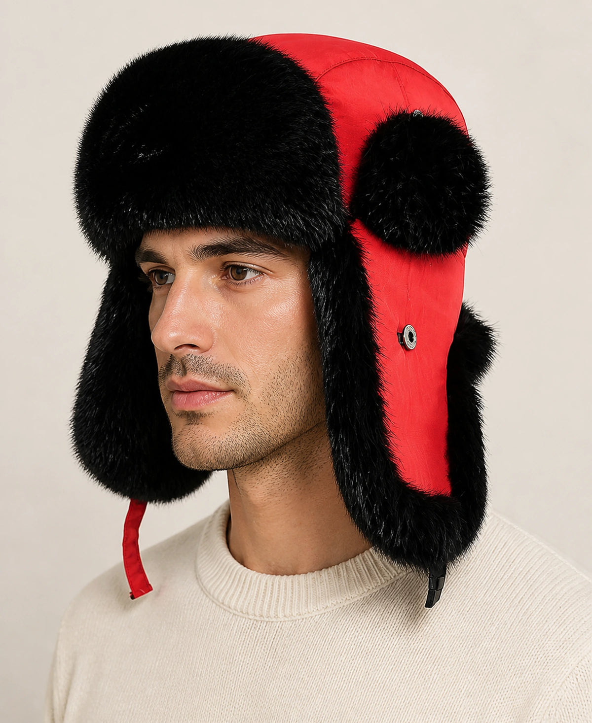 Rabbit Fur Trim Unisex Quilted Winter Trapper Hat – Color: Red on-model lifestyle image