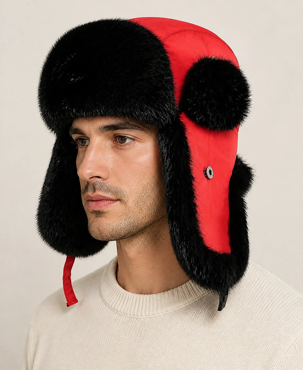 Rabbit Fur Trim Unisex Quilted Winter Trapper Hat – Color: Red on-model lifestyle image