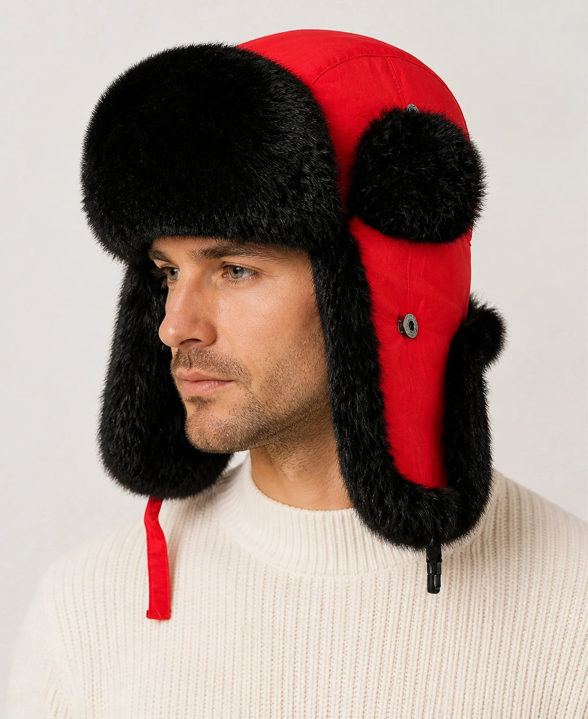 Rabbit Fur Trim Unisex Quilted Winter Trapper Hat – Color: Red / Black Fur on-model lifestyle image