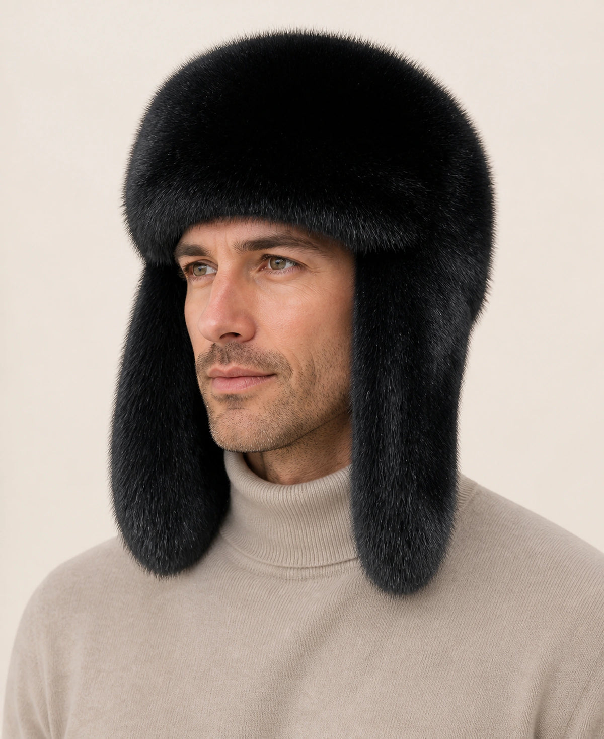 Unisex Genuine Fur Trapper Hat with Ear Flaps – Color: Black on-model lifestyle image