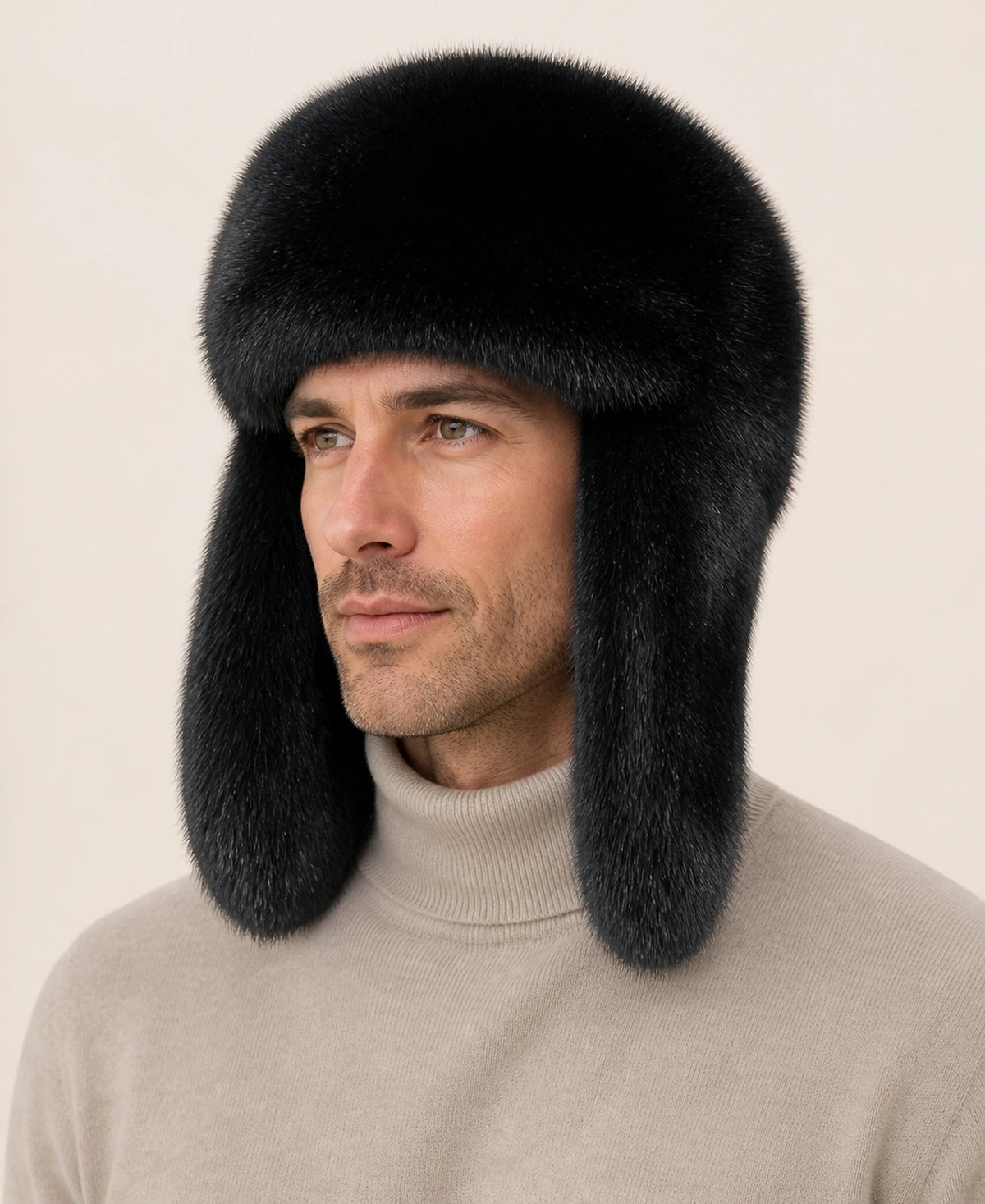 Unisex Genuine Fur Trapper Hat with Ear Flaps – Color: Black on-model lifestyle image
