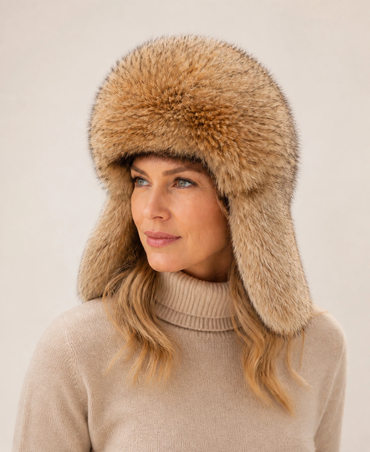 Unisex Genuine Fur Trapper Hat with Ear Flaps – Color: Natural Raccoon on-model lifestyle image