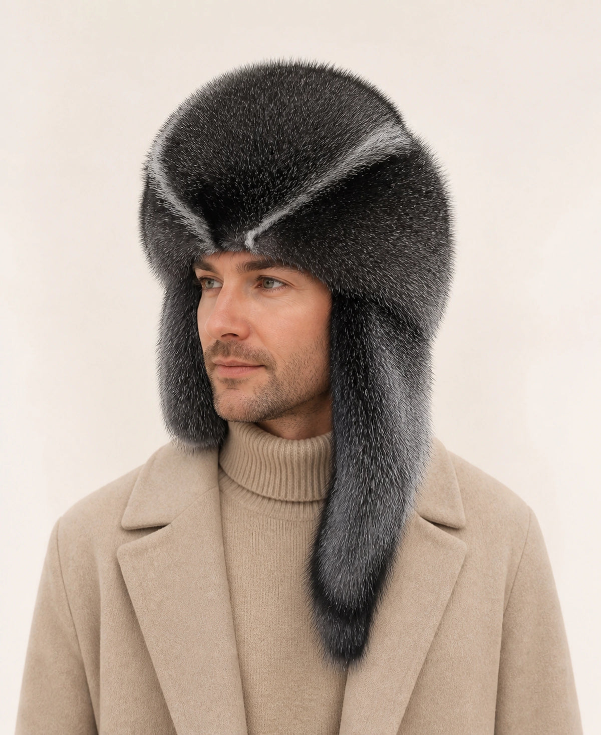 Unisex Genuine Fur Trapper Hat with Ear Flaps – Color: Silver Fox on-model lifestyle image
