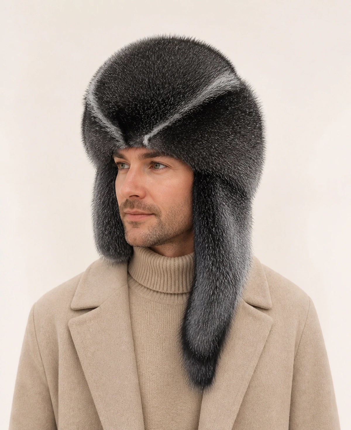 Unisex Genuine Fur Trapper Hat with Ear Flaps – Color: Silver Fox on-model lifestyle image