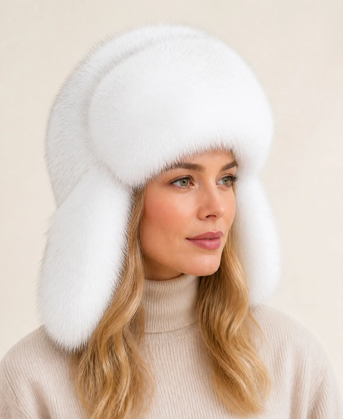 Unisex Genuine Fur Trapper Hat with Ear Flaps – Color: White on-model lifestyle image