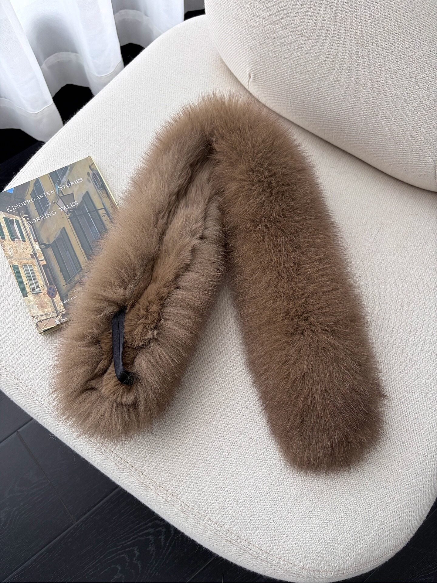 Mushroom Taupe fox fur scarf showing its pull-through construction