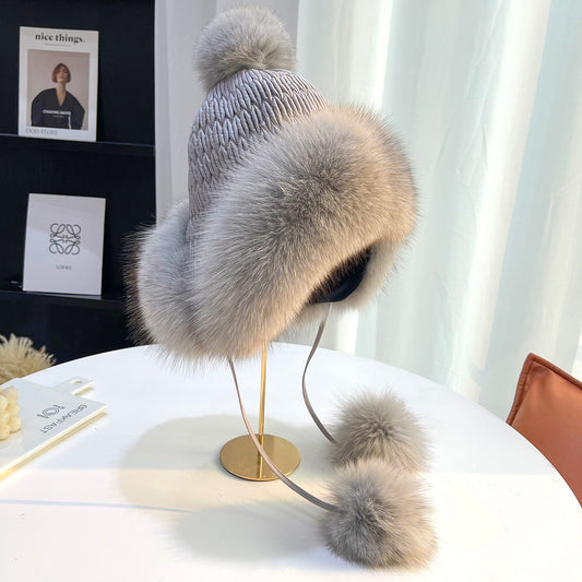 Women's Genuine Fox Fur Knit Earflap Hat with Pom-Pom Ties