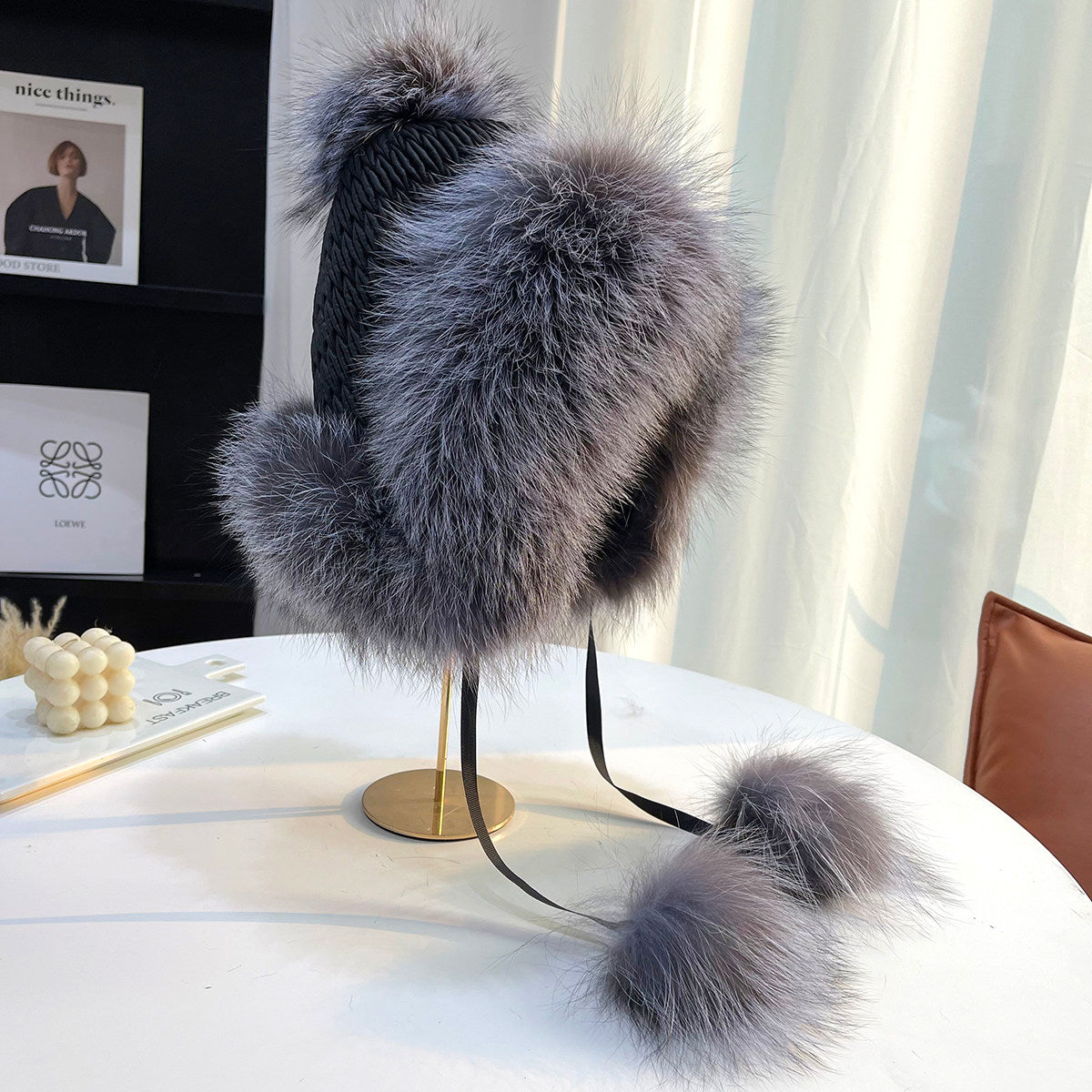 Winter new fox fur hat Lei Feng hat wool sweet and cute plus velvet warm ear protection women's hat real wool
