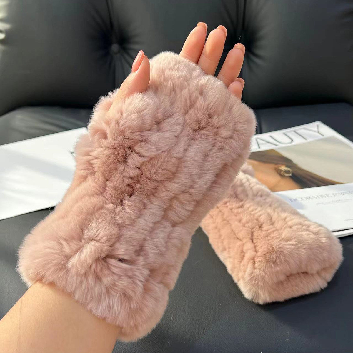 Real otter rabbit fur gloves cute thickened double-sided fur gloves real hair half-fingered elastic gloves
