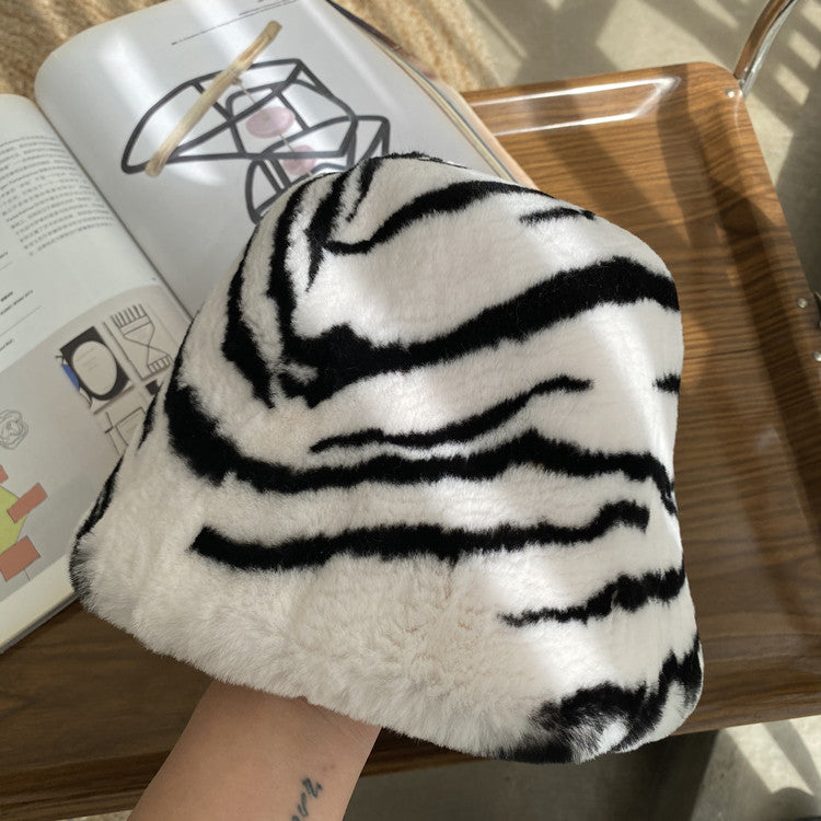 Horizontal zebra rex rabbit fur bucket hat, product view