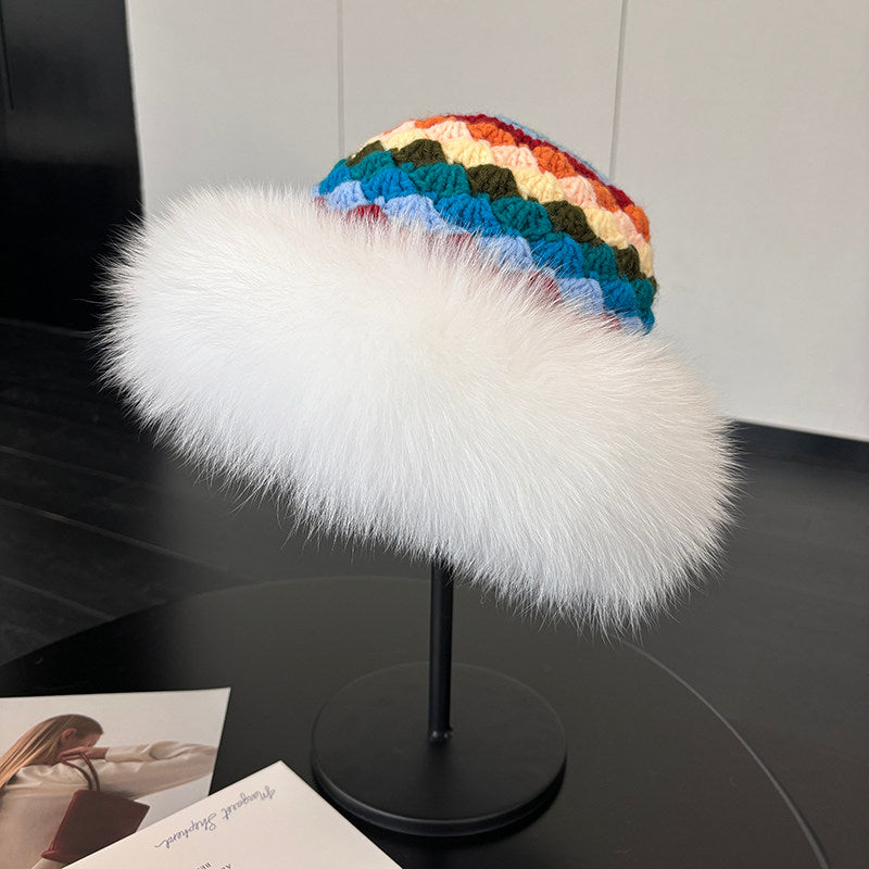 White fox fur-trim geometric knit bucket hat product view