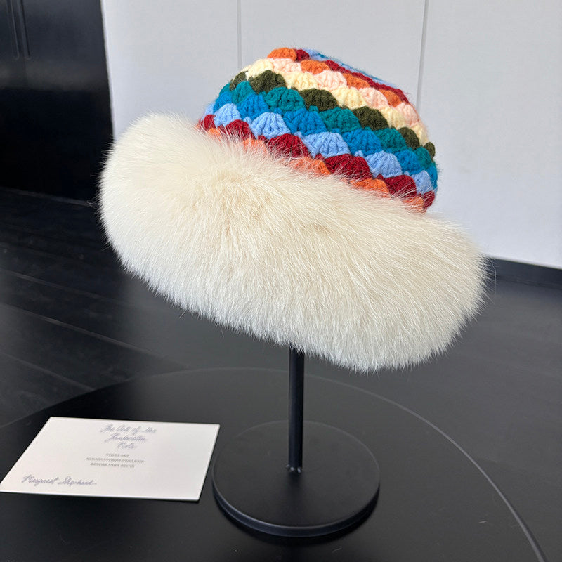 Beige fox fur-trim geometric knit bucket hat product view